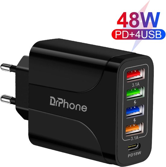 DrPhone HALOXIII – 48W 4 USB Poorten Snel Lader + USB-C PD 18W - QC 3.0 & 3.1A Thuislader- Oplader - Universeel – Zwart van DrPhone