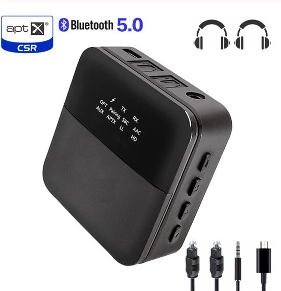 DrPhone Skylink APTX V2 Pro - Verbeterd Signaal - 10 Meter - Bluetooth Audio Transmitter/Bluetooth Audio Receiver/APTX HD/2in1/Low Latency/Bluetooth 5.0 Headphone Ontvanger - Zwart van Merkloos