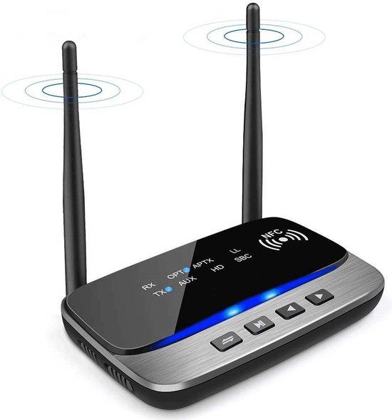 DrPhone SKYLINK MEGA4 – 3 in 1 Bluetooth 5.0 Audio Adapter - Bluetooth Multi Point - Bluetooth Zender/Ontvanger / - AptX/RX/TX/Bypass /SPDIF/Aux 3.5mm - Dual Antenna - NFC – Dual link - Zwart van Merkloos