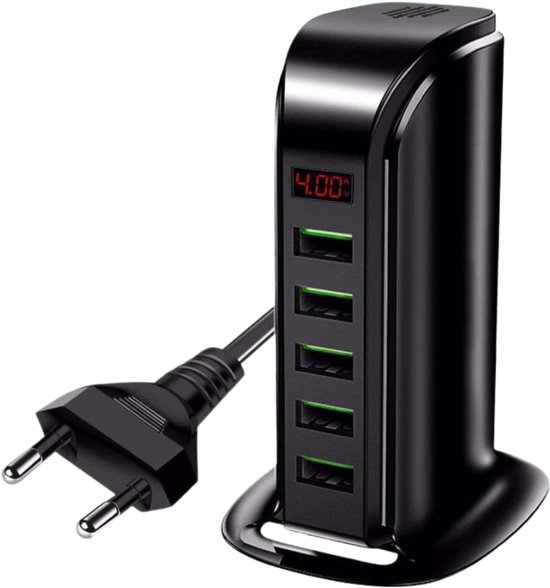 DrPhone SmartC10 USB Laadstation – 5 Poorts USB Oplader – 20W 5V 4A Totale Output – 2.4A per Poort – LED Display – Smart Chip – Staand Laadstation – Zwart