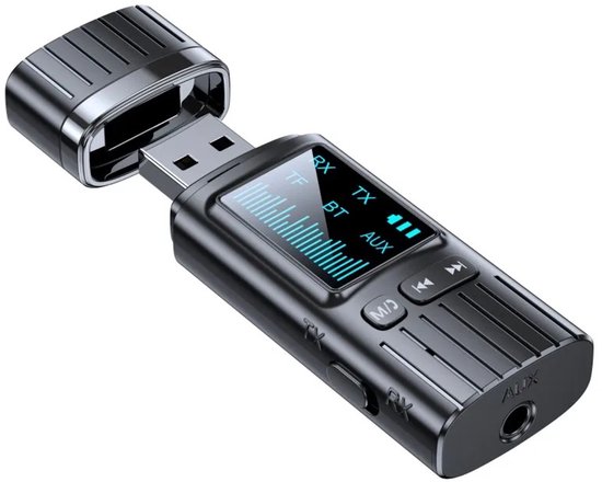 DrPhone WaveCast2 – Bluetooth 5.4 Audio Adapter 2-in-1 RX/TX – Zender/Ontvanger - AUX – Micro-SD Kaart Ingang – Zero Delay – HD Display – Auto/TV/Speaker - Zwart van Merkloos