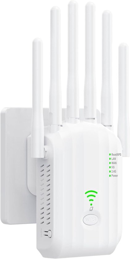 Dubbele Band WiFi Repeater (2,4GHz + 5GHz) met 6 Antennes - Versterk je Draadloze Signaal en Bereik, voor Huis en Kantoor