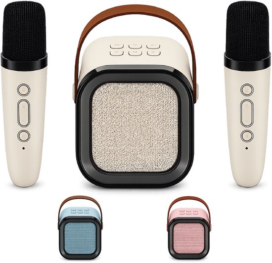 DUTCHPOWER Karaoke Set met 2 Draadloze Microfoons - Beige - Bluetooth 5.3 Speaker - USB-C Oplaadbaar - LED Lichteffecten