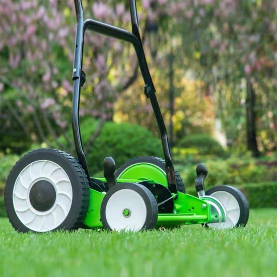 Duwmaaier - Snoerloze Grasmaaier - Mechanische Maaier - Maaihoogte 12-46mm - Geschikt voor Tuinen, Grasvelden en Binnenplaatsen - 16 inch Vierwieler met 9-Traps Snelverstelling van Blaupunkt