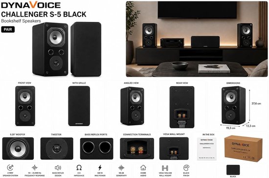 Dynavoice Challenger S-5 Black – Set Bookshelf/Wall Speakers 2-Way HiFi with 5.25″ Woofer and Super Audio Tweeter – - ShopVlot