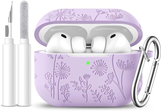 Easuny Voor AirPods Pro 3 Hoesje 2025 - Bloemen Gravure Siliconen Beschermhoes Compatibel met Apple AirPods Pro 3e Generatie - Stootbestendige Hoes met Karabijnhaak & Reinigingsset - Lavendel