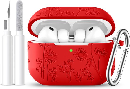Easuny Voor AirPods Pro 3 Hoesje 2025 - Bloemen Gravure Siliconen Beschermhoes Compatibel met Apple AirPods Pro 3e Generatie - Stootbestendige Hoes met Karabijnhaak & Reinigingsset - Rood