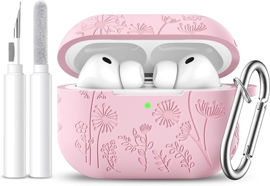 Easuny Voor AirPods Pro 3 Hoesje 2025 - Bloemen Gravure Siliconen Beschermhoes Compatibel met Apple AirPods Pro 3e Generatie - Stootbestendige Hoes met Karabijnhaak & Reinigingsset - Roze