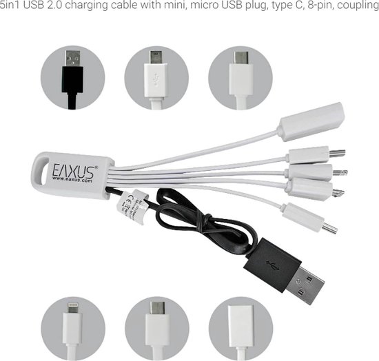 Eaxus - 5 in 1 kabel voor opladen: USB 2.0, mini USB, micro USB, vanaf iPhone 5, USB type C en USB koppeling - Wit van Merkloos
