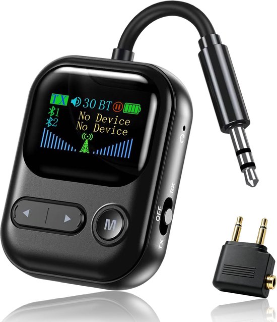 Een Bluetooth-adapter voor in het vliegtuig waarmee je twee koptelefoons of AirPods kunt verbinden, met een kleurendisplay.