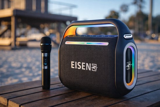 Eisenz EZ-V66 Draadloze Speaker met Microfoon - 120W - Bluetooth 5.0 - RGB Verlichting - 12000mAh Accu - Zwart - Karaoke Speaker van Merkloos