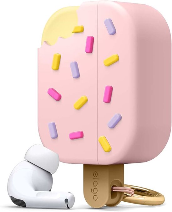 Elago Ice Cream AirPods Pro Hoesje met sleutelhanger Ontworpen voor Apple AirPods Pro Case Compatibel met AirPods Pro (Aardbei) | Karabijnhaak inbegrepen, premium siliconen beschermhoes met volledige bescherming, uniek 3D schattig design (aardbeien)