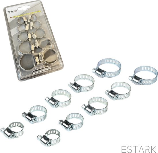 ESTARK® Slangenklemmen Set 10 STUKS – 5 Verschillende Formaten - RVS slangklem - Ø 15-32mm Klemmen Set voor om de Tuinslang Afvoerslang of Doucheslang Verschillende Formaten - Slang Koppeling Klem - Klemmen 10 STUKS van ESTARK