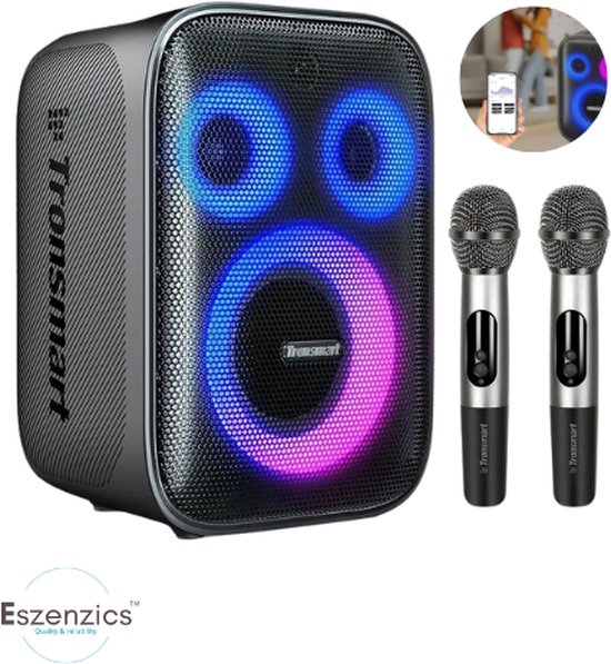 Eszenzics™ Karaoke Partybox - 3-weg Speaker - 120 W - 2 draadloze microfoons - Verlichting kleur en Equalizer via App - Mic en Gitaar input - Zwart van Eszenzics™