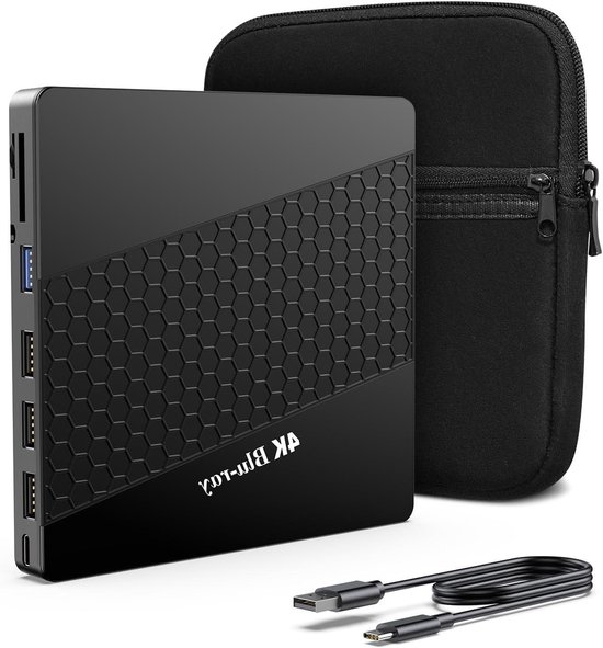 Externe Blu Ray Drive - 4K UHD Speler - Films Kijken - 6-in-1 Poorten Hub - 14.5 x 13.7 cm