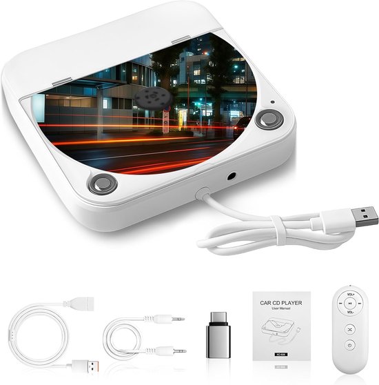 Externe CD-Speler Auto - USB & AUX CD-Speler - Plug & Play - CD-MP3/CD-R/CD-RW/WAV - Anti-Skip - Afspeelgeheugen - Compact 13,5 cm - Wit