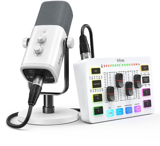 FIFINE KS-5 - Starterspack - AM8 & SC3 - Podcast Starterspack - Gaming Streaming - USB RGB Microfoon - Streaming Deck - DJ Mixer - Wit