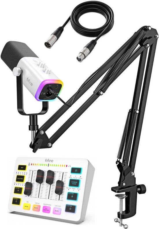 FIFINE - Starterspack 2.0 White - AM8T & SC3 - Podcast Starterspack - Gaming Streaming - Incl XLR Kabel - USB RGB Microfoon met Boom Arm - Streaming Deck - DJ Mixer