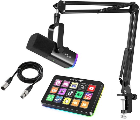 FIFINE Streaming Pack - AM8T + D6 + XLR - Complete Streaming & Podcast Set - 15 LCD Toetsen - PC, PS4, PS5, Mac - Gaming, Streaming & Content Creatie - Zwart