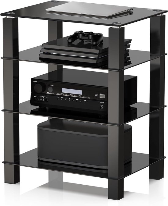 FITUEYES HiFi-meubel - 4 laags gehard glas rek - Hoogteverstelbaar - Verstelbare voetjes - Voor platenspeler en versterker