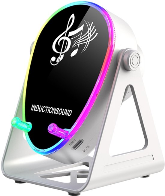 Fivesquare Wireless Mini RGB Speaker – 5W Sensor Induction Audio, 15W Wireless Charging & 180° Telefoonstandaard Witte van Merkloos