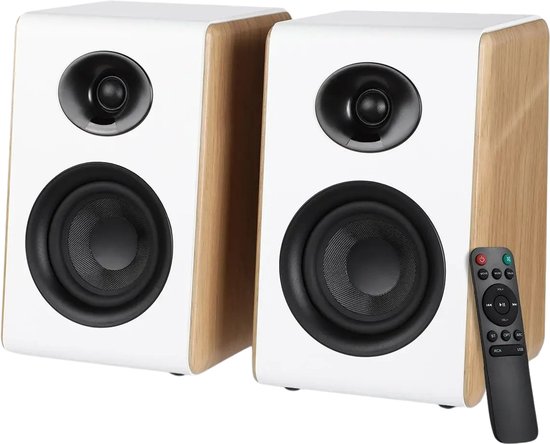 Flolife - S600 Bluetooth Boekenplank Speakers – Actieve HiFi Luidsprekers 2x40W – Subwoofer Uitgang – ARC, USB & RCA – 24bit/48kHz – Wit Hout