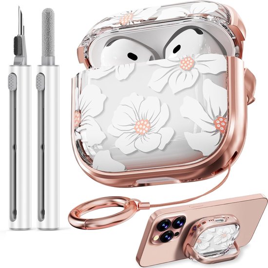For AirPods 4 Case (2024) with Lock-White Lily | Two-Piece Design,with Gold Keychain & Cleaning Pen,Support Wireless Charging,Cute Luxury Case for Women Girly