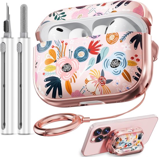 for AirPods Pro 3 Case (2025) with Lock-Pink Berry Flower | Two-Piece Design,with Gold Keychain & Clean Pen, As Phone Stand,Support Wireless Charging,Cute Luxury Case for Women Girly
