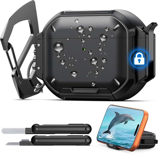 For AirPods Pro 3 Case Cover with Lock, Waterproof, Black | Secure Lock, IP68 Waterproof, Military‑Grade Shockproof, Keychain, Phone Stand, Cleaner Kit