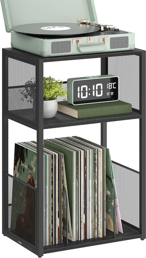 FurnStar – Platenspeler standaard – 3 etages – Opslag tot 100 LP’s – Bijzettafel – Industriële stijl – 30 x 43 x 69 cm – Ebbenhout zwart