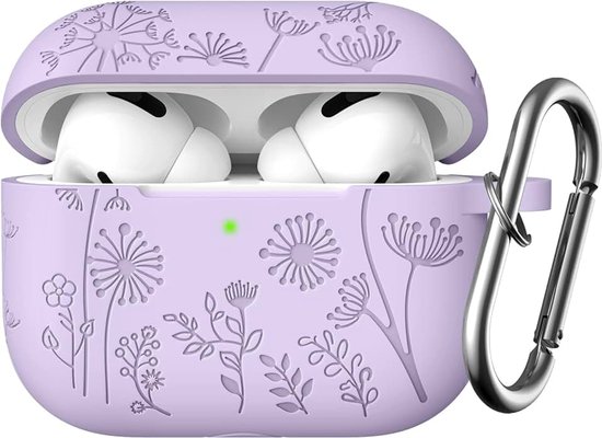 Gegraveerde hoes met bloemen voor AirPods Pro 2, siliconen stootvaste hoes met karabijnhaak [voorste LED zichtbaar], lavendel