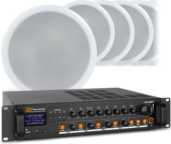 Geluidsinstallatie - 100V geluidsinstallatie met 120W versterker en 8 plafondspeakers - Power Dynamics van Power Dynamics