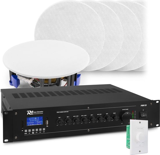 Geluidsinstallatie met Bluetooth, 12x witte inbouw speaker en 100v versterker van Power Dynamics van Merkloos