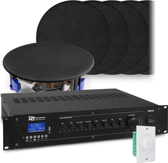 Geluidsinstallatie met Bluetooth, 12x zwarte inbouw speaker en 100v versterker van Power Dynamics van Merkloos