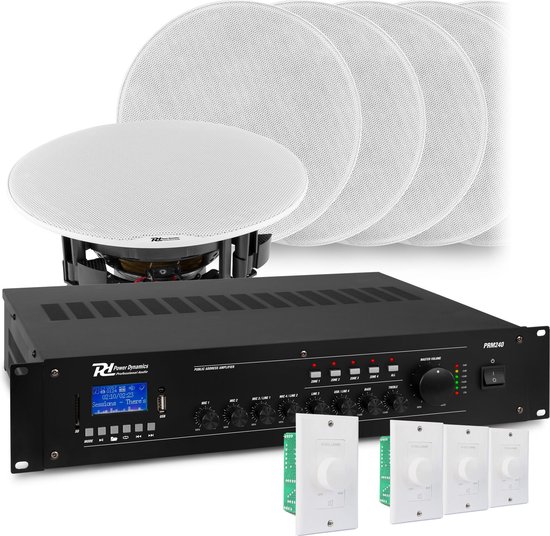 Geluidsinstallatie met Bluetooth, 4 zones, 8x inbouw speaker (5'') en 240W 100V versterker van Power Dynamics van Power Dynamics