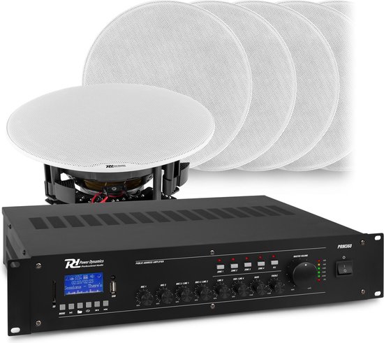 Geluidsinstallatie met Bluetooth, 4 zones, 8x inbouw speaker (8'') en 360W 100V versterker van Power Dynamics