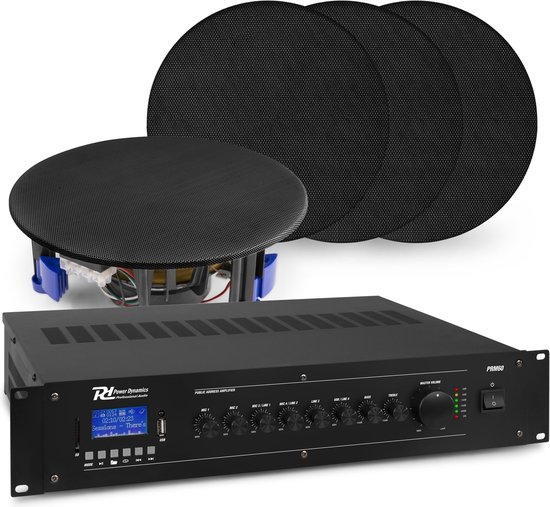 Geluidsinstallatie met Bluetooth, 4x zwarte inbouw speaker en 100v versterker van Power Dynamics