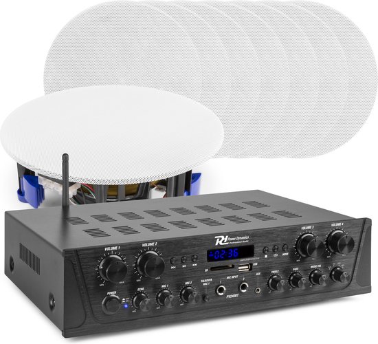 Geluidsinstallatie met Bluetooth - Power Dynamics - PV240BT versterker met 8x NCSP5 plafond speaker van Power Dynamics