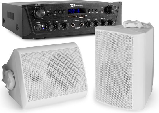 Geluidsinstallatie met Bluetooth - PV220BT 2-zone versterker audio + 2 BGO40 witte 4'' speakers van Power Dynamics