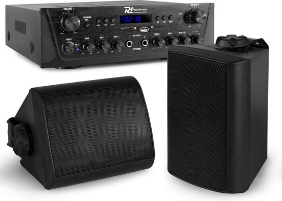 Geluidsinstallatie met Bluetooth - PV220BT 2-zone versterker audio + 2 BGO40 zwarte 4'' speakers van Power Dynamics