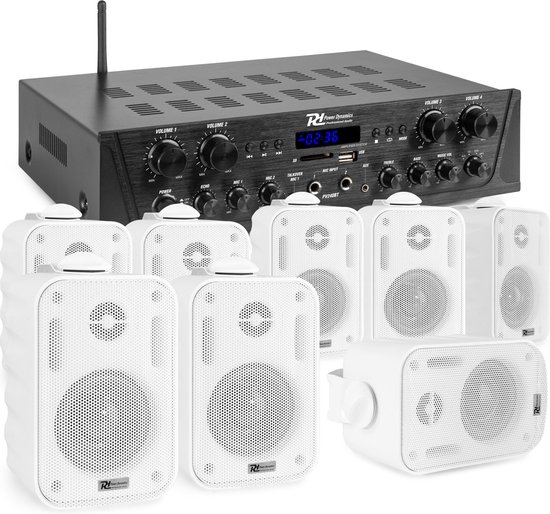 Geluidsinstallatie met Bluetooth - PV240BT 4-zone versterker audio + 8 BGO30 witte 3'' speakers van Power Dynamics