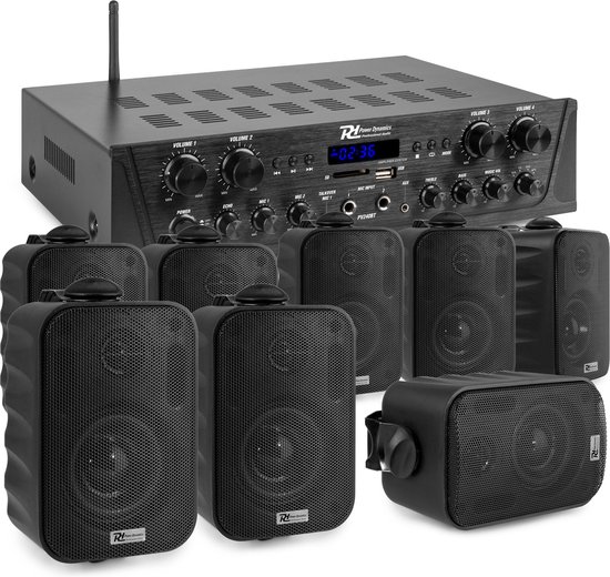 Geluidsinstallatie met Bluetooth - PV240BT 4-zone versterker audio + 8 BGO30 zwarte 3'' speakers van Power Dynamics