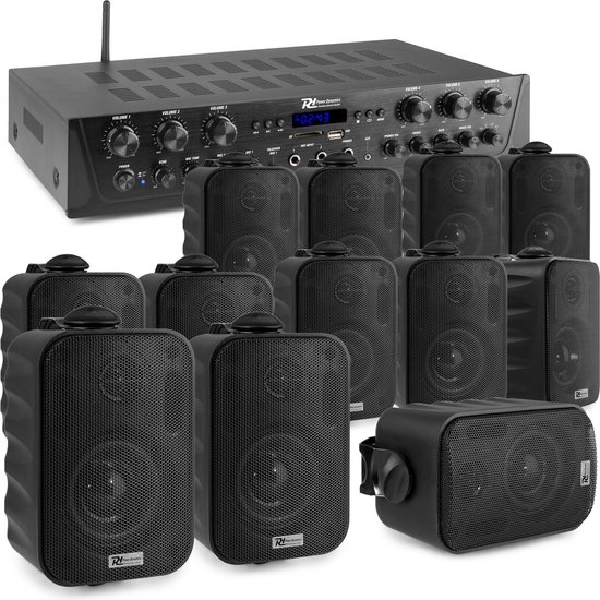 Geluidsinstallatie met Bluetooth - PV260BT 6-zone versterker audio + 12 BGO30 zwarte 3'' speakers van Power Dynamics