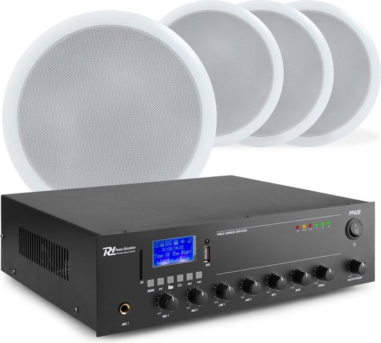 Geluidsinstallatie met PPA30 100V versterker met Bluetooth & 4 CSPB6 plafondspeakers