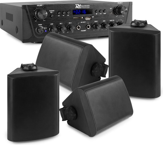 Geluidsinstallatie - Power Dynamics horeca geluidsinstallatie met Bluetooth en mp3 speler en 4 weerbestendige speakers - Zwart van Power Dynamics
