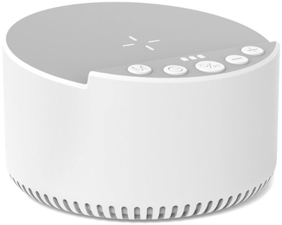 Geluidsmachine met draadloze oplader en Bluetooth-luidspreker - Slaaphulpmiddel met witte ruis en geheugenfunctie, 6 rustgevende geluiden, 3 timerstanden - Compact ontspanningsapparaat voor naast het bed, wit