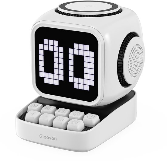 Gloovon® - Draadloze Bluetooth Speaker - Desktop Speaker - Muziek Box - Met draadloze oplaadfunctie - Aanraakinteractie - Met elektronische wekkerfunctie - Pixelstijl - Wit van Merkloos