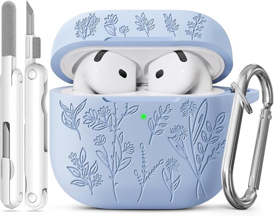 Grasprint Hoesje voor AirPods 4 (Hemelblauw) | Gelaserdgraveerde Case, Zacht Siliconenmateriaal, Inclusief Reinigingsset en Sleutelhanger