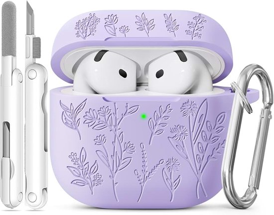Grasprint Hoesje voor AirPods 4 (Lichtpaars) | Gelaserdgraveerde Case, Zacht Siliconenmateriaal, Inclusief Reinigingsset en Sleutelhanger