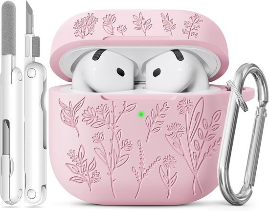 Grasprint Hoesje voor AirPods 4 (Roze) - Gelaserdgraveerde Case, Zacht Siliconenmateriaal, Inclusief Reinigingsset en Sleutelhanger